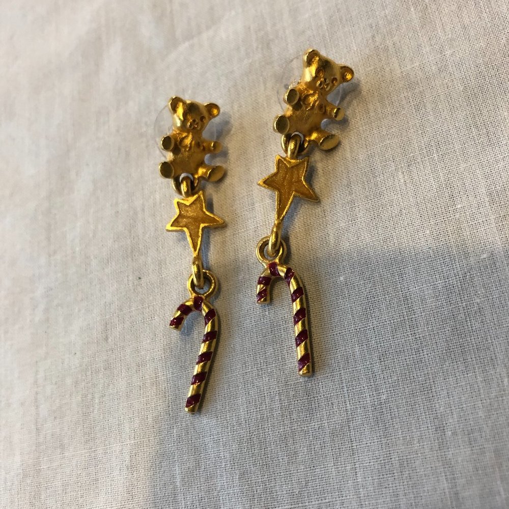 Teddy Bear Candy Cane Christmas Earrings